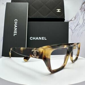 New CHANEL Eyeglasses Brown Gold Chain CC Rectangle 52mm Rx-able